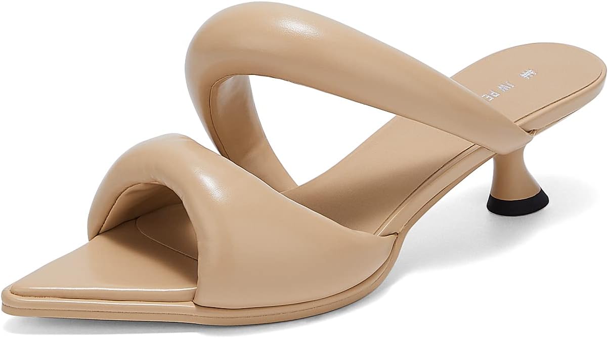 JW PEI Women's Sara Mule Heeled Sandals in assorted colors, showcasing vegan leather with a pointy toe and puffy upper.