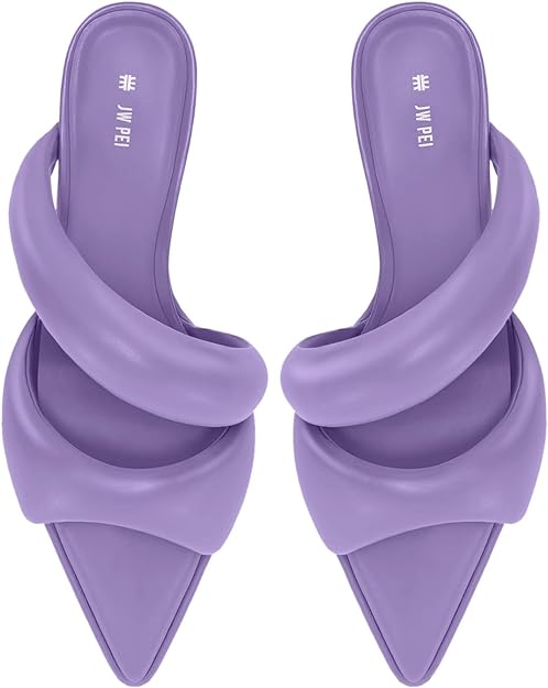 JW PEI Women's Sara Mule Heeled Sandals in assorted colors, showcasing vegan leather with a pointy toe and puffy upper.